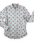 Ladies button-down shirt with foo dog print in teal and plum cotton sateen. Long sleeves, curved hem, and tailored fit