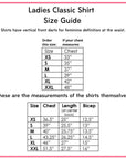 Size guide for the Ladies Classic Shirt from the Willa Heart collection, detailing chest, length, and bicep measurements for each size from XS to XXL