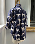 Back view of Navy Pedigree button-down shirt with Greyhound print on cotton sateen, shown on a mannequin