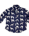 Pedigree Greyhound print navy shirt, flat lay view highlighting design and structure