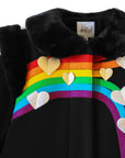 Close-up of the Ladies Queen of Hearts Coat, showcasing the rainbow applique, silver and gold hearts, and plush faux fur collar.
