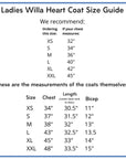 Size guide for Ladies Willa Heart Coat, including recommended sizes based on chest measurements and detailed coat dimensions for chest, length, and bicep