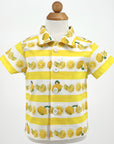 Very Hungry Caterpillar Lemonade Shirt – yellow striped, short-sleeve cotton button-down with lemon print and caterpillar detail on form
