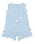 Back view of Scooter Bunny Linen Jon Jon in light blue linen, featuring vintage shell buttons and a classic heirloom-quality design