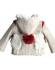 Back view of the Lucky Llama Coat, featuring a wool design with faux fur llamas, red shoulder accents, and a pointed hood with a pompom.
