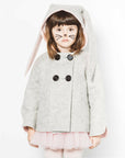 Grey wool bunny coat with pink-lined ears, cozy faux fur lining, and large buttons for easy wear