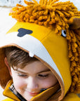 Close-up of Little Goodall Luxe Lion Coat hood with yarn mane, ears, and teeth. Cozy gold wool kids' jacket.