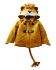 Yellow coat with a lion's face as hood including, two pointy white teeth, button eyes, two brown ears, and orange yarn mane.