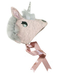 ale pink wool unicorn hat with silver lace mane, plush faux fur lining, and satin ribbon ties, perfect for girls' winter wear and imaginative play