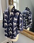 ladies Navy Pedigree button-down shirt in cotton sateen with a Greyhound, Borzoi, and Whippet print, three-quarter sleeves, and a stylish untucked fit