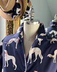 Close-up of Navy Pedigree button-down shirt with Greyhound print on cotton sateen, displayed on a mannequin