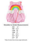 Over the Rainbow Bubble Romper with shoulder-to-stride measurement chart for baby and toddler sizes