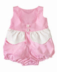Back view of the Over the Rainbow Bubble Romper in Sunset Pink with button closure and cloud peplum detail