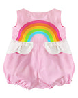 Back view of Over the Rainbow Bubble Romper in Sunset Pink, featuring a vibrant rainbow applique & cloud peplum design, perfect for toddlers and babies