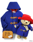 Paddington Bear Gift Set with a royal blue wool coat, 16" plush bear in a matching coat and red hat, plus a vintage-style suitcase labeled "PB