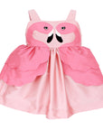 Pink girls' dress with flamingo applique and scalloped peplum, ideal for parties.