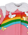 Close-up of pink wool girls' coat with a rainbow, gold and silver butterflies, and a soft faux fur collar