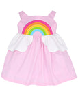 Little Girls pink sundress with appliqued rainbow on the front, full skirt, and white peplum shaped like clouds.