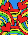 Bold rainbow and heart pattern fabric design with bright red hearts on a blue background