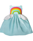 Sky blue sundress with a rainbow applique on the bodice and cloud-shaped peplum waist. Sleeveless, cotton, and perfect for summer