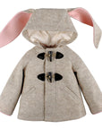Little Goodall Snowshoe Rabbit Coat – Merino wool toddler and kids' jacket with bunny ear hood, toggle fasteners, and soft faux fur lining