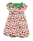 Strawberry-print baby romper with a green leaf collar and plush strawberries, inspired by The Very Hungry Caterpillar.
