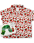 Strawberry print button-up toddler shirt paired with The Very Hungry Caterpillar book