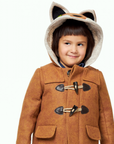 Child wearing a brown wool duffle coat with a fox-themed hood, toggle closures, and front pockets.