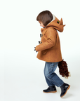 Cozy brown wool coat for toddlers with a fox hood, toggle fastenings, and a playful tail detail