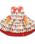 Cotton Two Scoops Dress with The Very Hungry Caterpillar food print, coral collar, quilted ice cream cone pockets, and high-low hem, laid flat