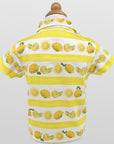 Back view of a kids short-sleeve button-up shirt featuring a vibrant yellow lemon print on a striped white background