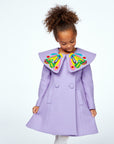 Girls' purple coat featuring a butterfly collar inspired by The Very Hungry Caterpillar, double-breasted buttons, and a flared silhouette