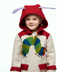 Young girl wearing a warm wool coat with a Hungry Caterpillar appliqué, red hood with purple antennae, and cozy fleece lining for toddlers and kids
