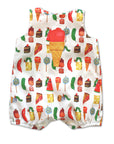 Hungry Caterpillar unisex romper made from 100% cotton, featuring a colorful food print with an ice cream cone appliqué on the back.