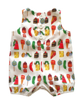 Back view of Very Hungry Caterpillar One Scoop Romper, a cotton baby and toddler outfit with food print, button closure, and elastic leg openings