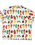 Back view of the Party Food Shirt, featuring a vibrant all-over print of classic foods from the Eric Carle book on a short-sleeve button-up shirt for boys.
