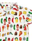 Close-up of the Party Food Shirt, featuring colorful illustrations of iconic foods from the beloved Eric Carle book on a white button-up shirt