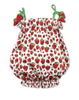 Very Hungry Caterpillar strawberry baby girls bubble romper with ruffled trim, tie straps, and plush strawberry accents, featuring a playful fruit print