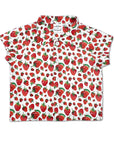 Short-sleeve kids’ button-up shirt with red strawberry print, inspired by The Very Hungry Caterpillar, made from lightweight cotton
