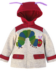 Children’s wool coat featuring a Hungry Caterpillar appliqué, red hood with antennae, and functional pockets, designed for warmth and comfort.