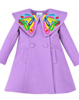 Whimsical lavender wool coat for kids girs' with a hand-appliquéd butterfly collar and cozy charmeuse lining.