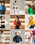 Collage of kids wearing handmade animal-themed coats, dresses, and accessories, including a lion jacket, bunny hoodie, and butterfly cape.