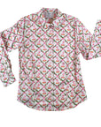 Willa Heart pink dog print button-down shirt, 100% cotton sateen, long sleeves, and tailored fit
