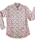 Willa Heart pink dog print button-down shirt, 100% cotton sateen, long sleeves, and tailored fit