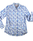 Front view of ladies classic button-down shirt featuring Willa Heart blue and white dog print, long sleeves, tailored fit, & 100% cotton sateen fabric