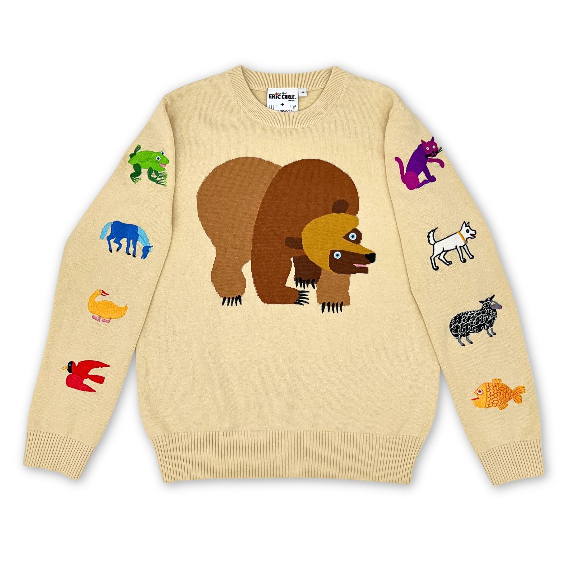Beige sweater with bear design on the front and colorful animal illustrations on the sleeves