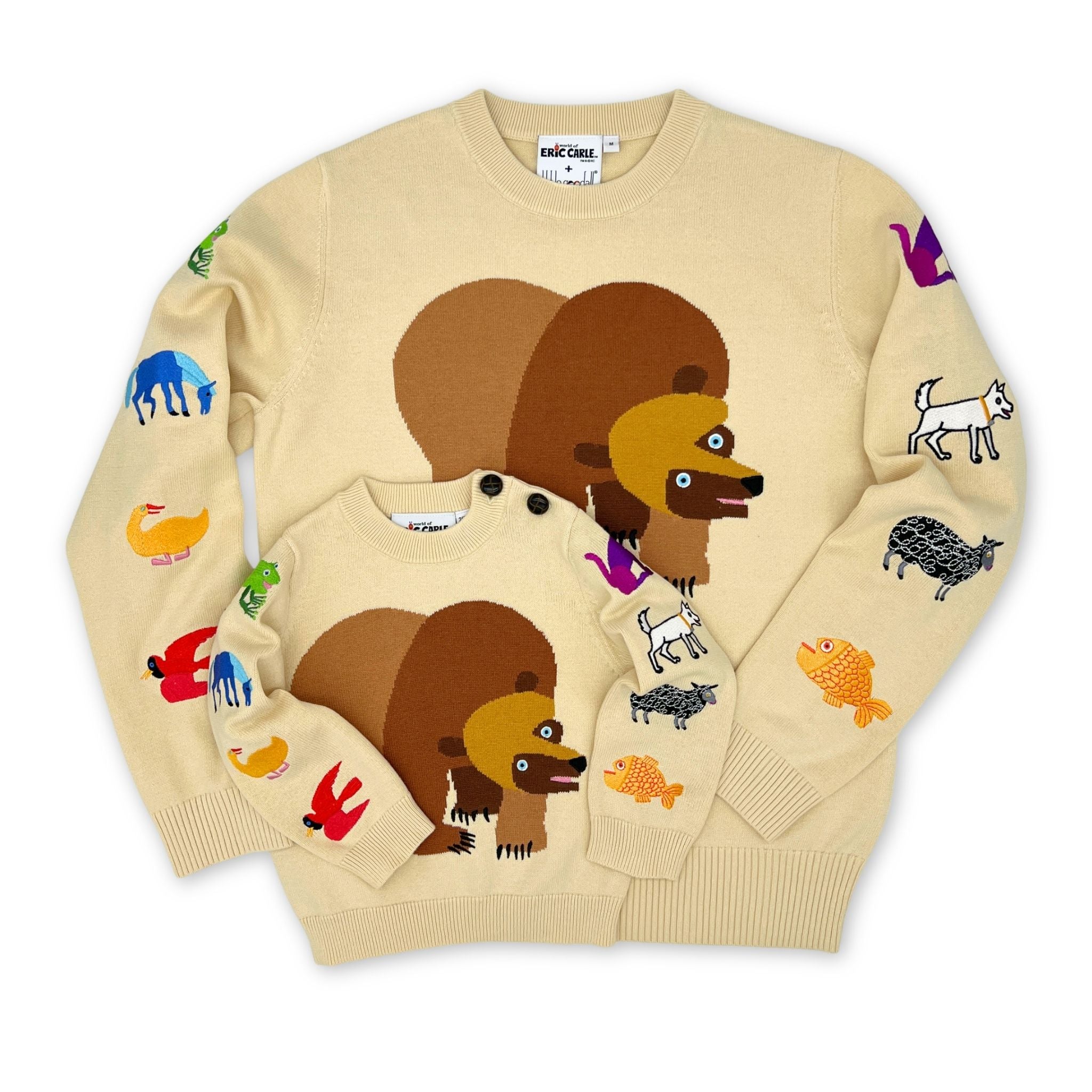 Adult Size Beige sweater with bear and animal designs on sleeves with smaller kids version of the same sweater