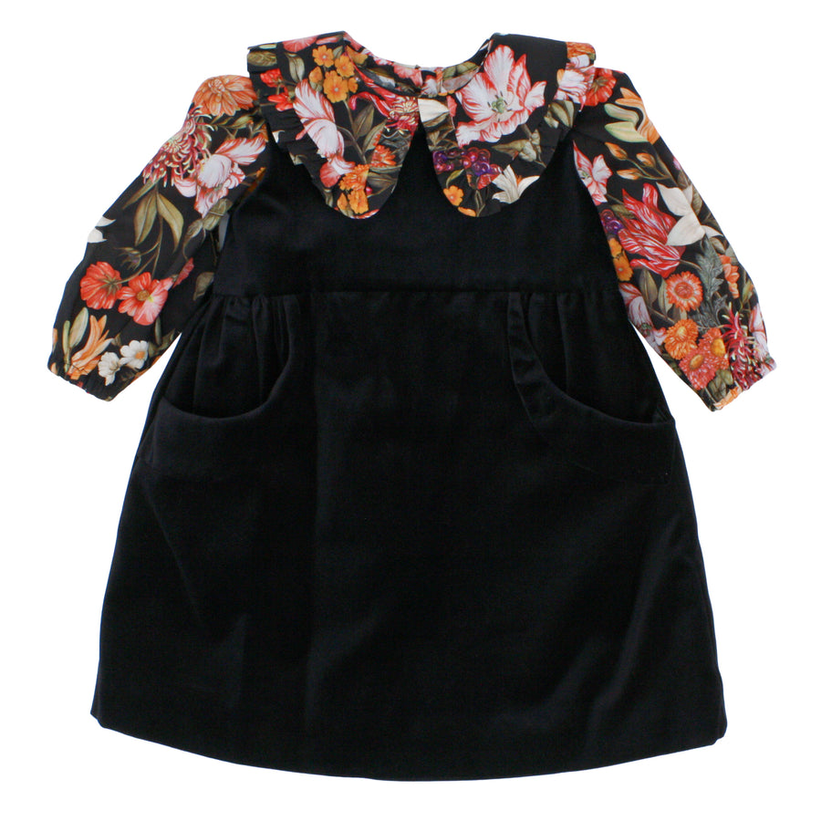 Black Velveteen Dress with Stately Bouquet Liberty London Blouse