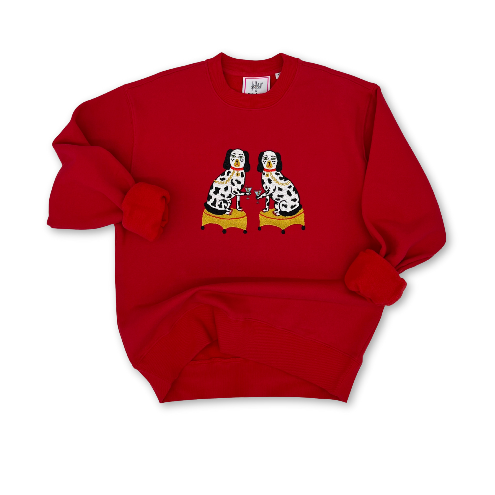 Red sweatshirt with an embroidered graphic of two dogs drinking martinis