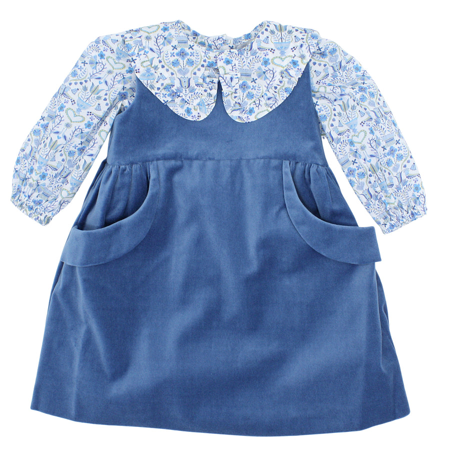 Girls Blue Velveteen Dress with Love Birds Liberty London Blouse